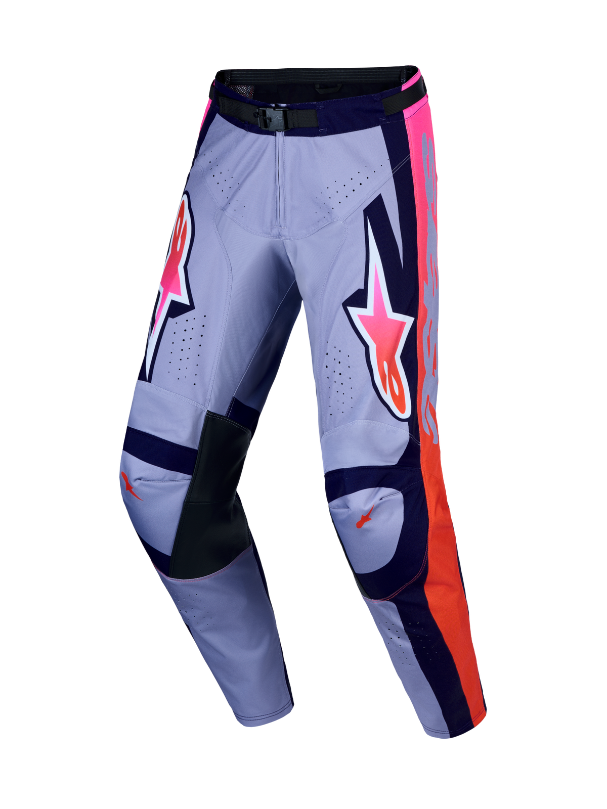 Alpinestars Racer Air Hunt Motocross Pants, purple and pink fluo, featuring ventilated polyfabric and leather inner knees.