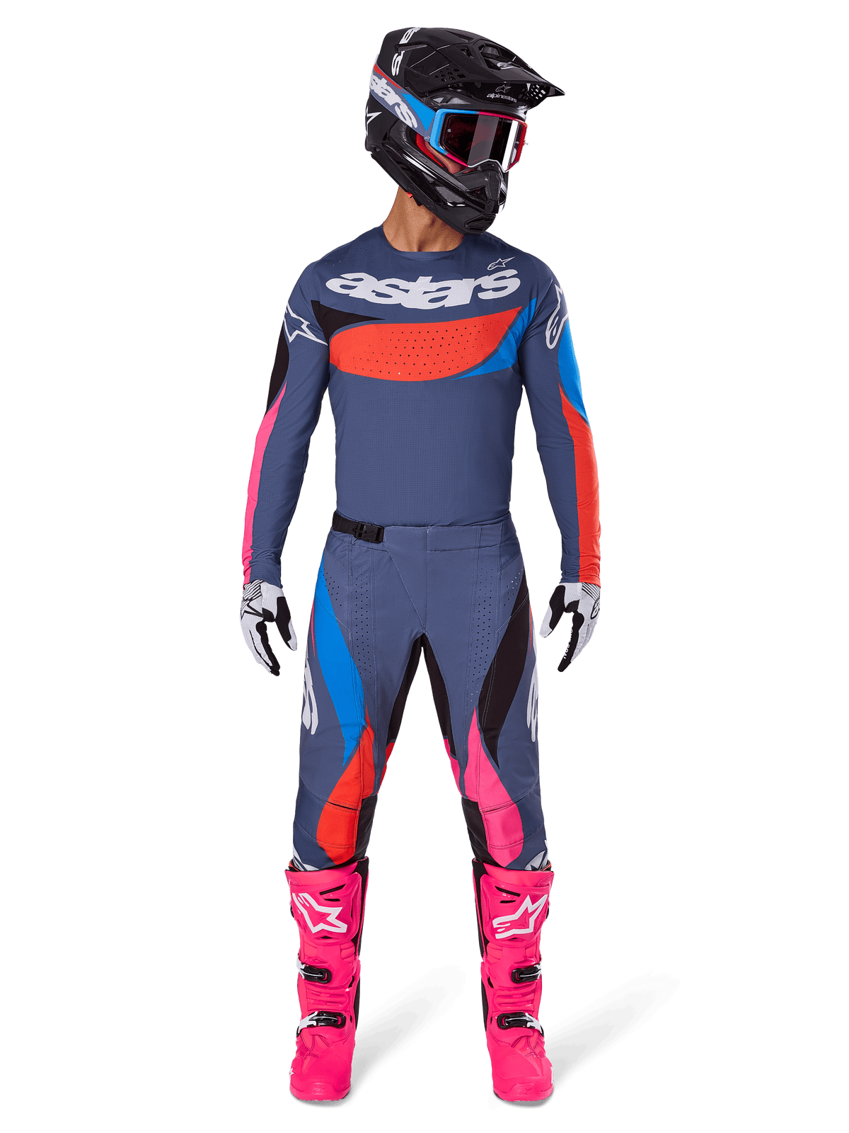 Alpinestars 2025 Techstar Dreem Hose, Motocross-Hose, Grau Mehrfarbig mit pinken und blauen Akzenten, getragen von einem Fahrer mit passendem Trikot, schwarzem Helm und leuchtend pinken Stiefeln, komplette Hochleistungs-Offroad-Rennausrüstung