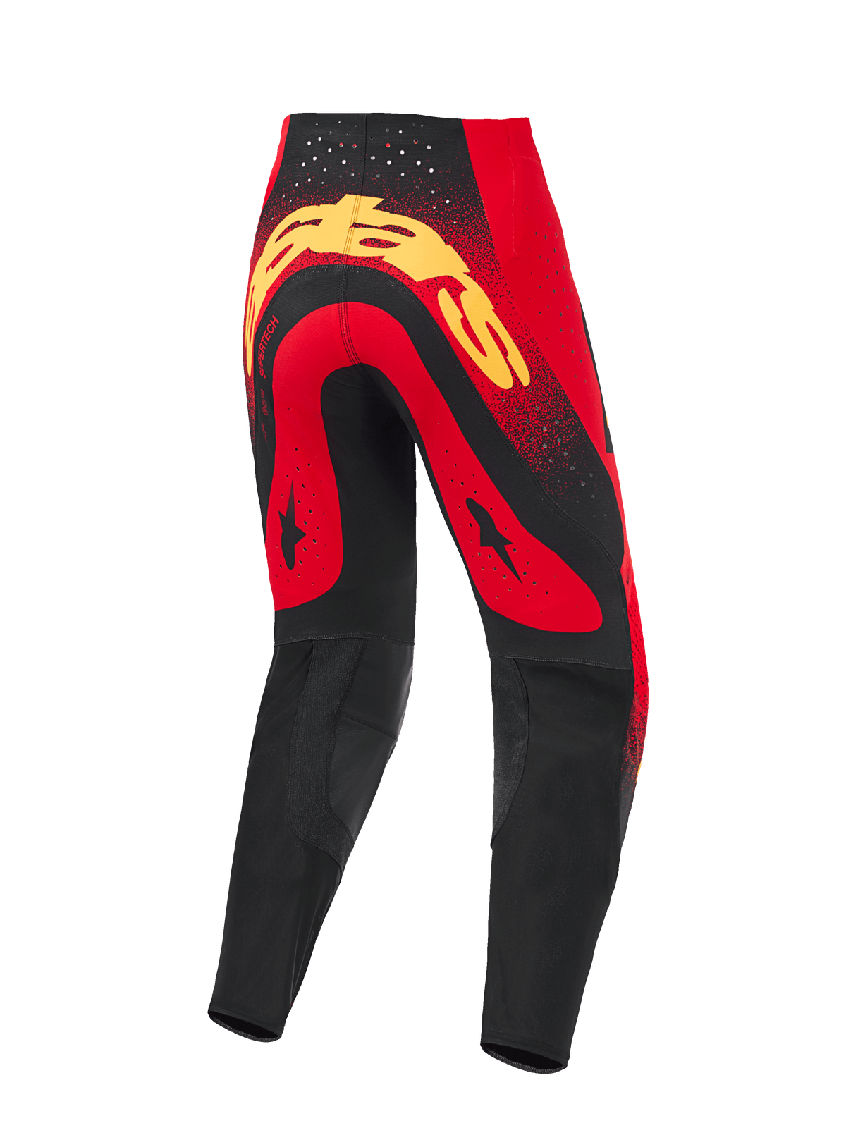 Alpinestars 2026 Supertech Scenz Hose, Motocross-Hose, Rot, Schwarz und Gelb, Rückansicht mit großem gelbem Logo auf dem Gesäß, roten Panels mit schwarzen Sterngrafiken, lasergeschnittenen Perforationen an der Taille und schwarzen verstärkten Unterschenkel-Panels.