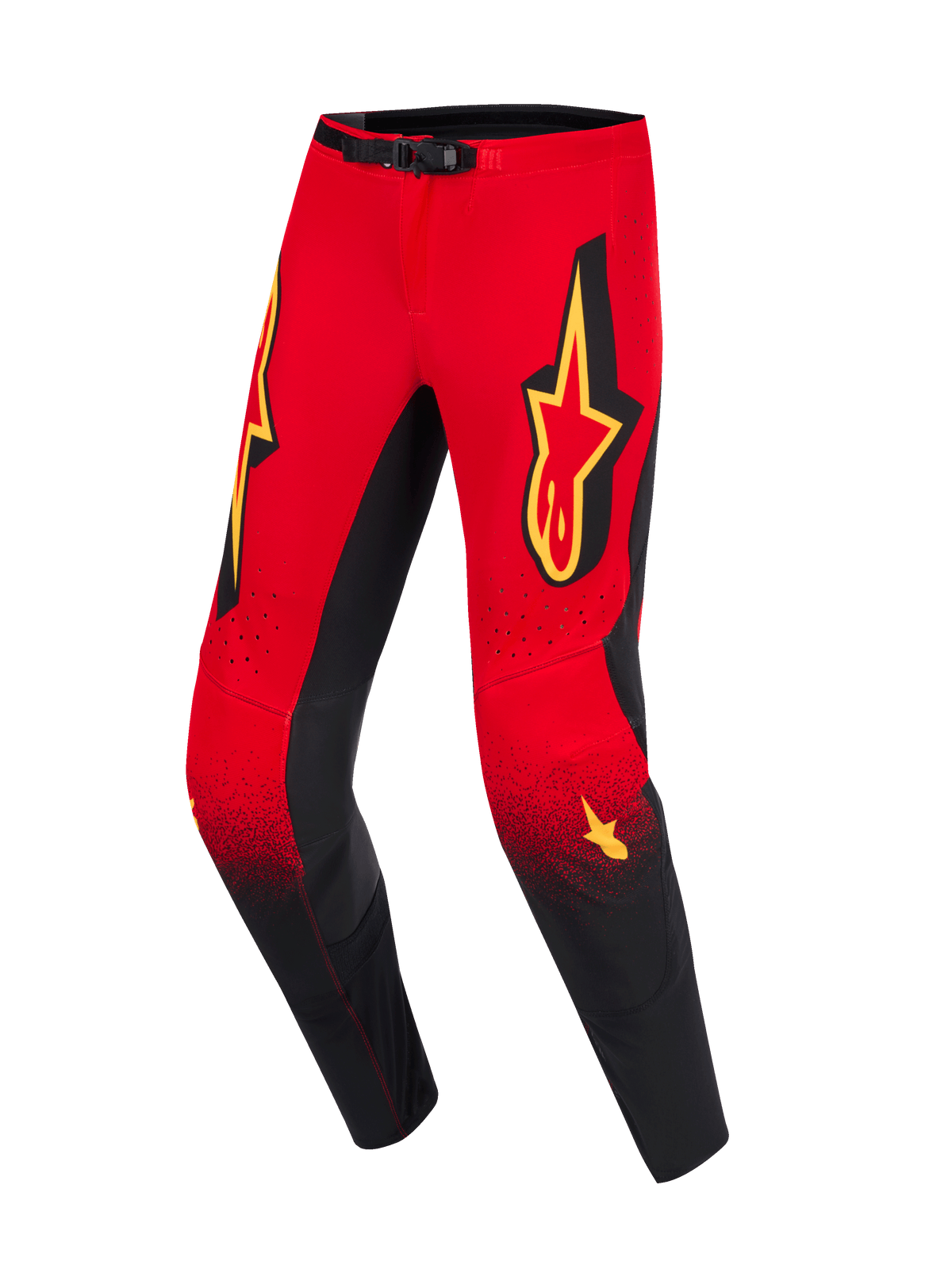 Alpinestars 2026 Supertech Scenz Hose, Motocross-Hose, Rot, Schwarz und Gelb, roter oberer Bereich mit gesprenkeltem Farbübergang zu schwarzen Unterschenkeln, große gelbe Alpinestars-Logos auf den Oberschenkeln, schwarze Knie-Innenbahnen und magnetischer Verschluss am Bund