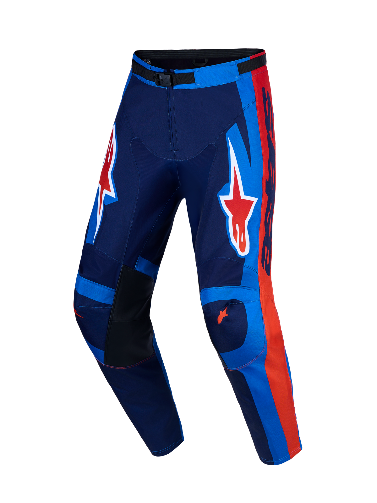 Alpinestars Racer Hunt Pants, Navy Blue and Red Motocross Racing Trousers with ergonomic fit and A-star graphics.