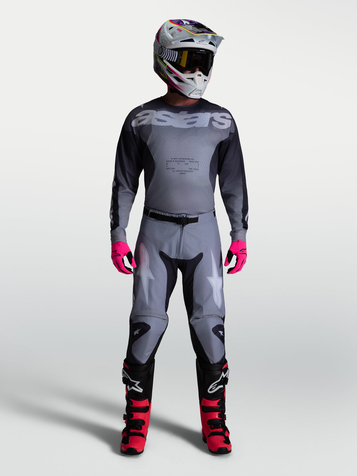 Alpinestars Racer Amber Hose, Motocrosshose für Herren, Grau mit Akzenten in Helllila, vorgekrümmte Rennpassform.