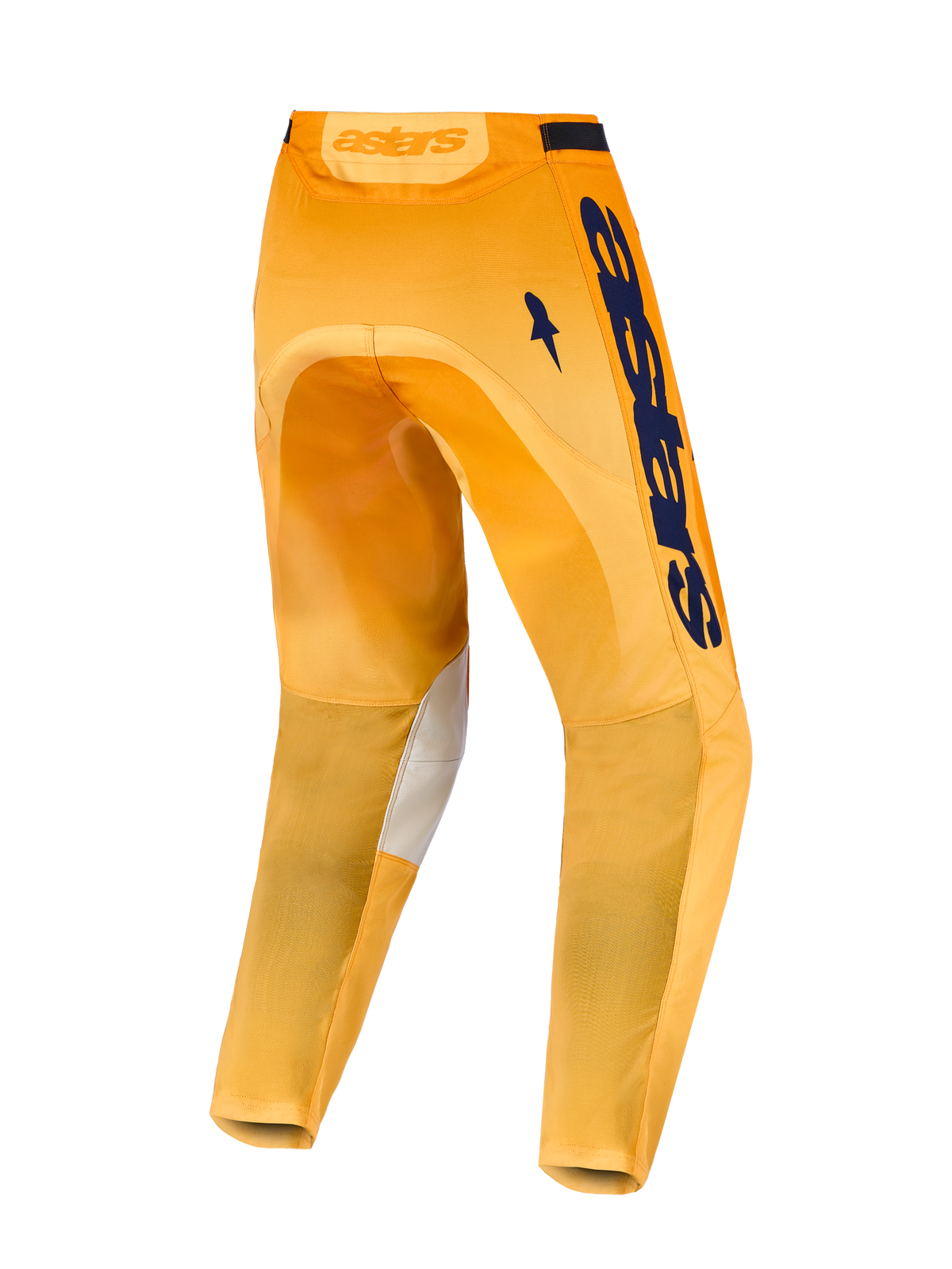 Alpinestars 2027 Racer Amber Motocross-Hose, Rückansicht in Orange und Blau, Knieinnenseiten aus Leder.