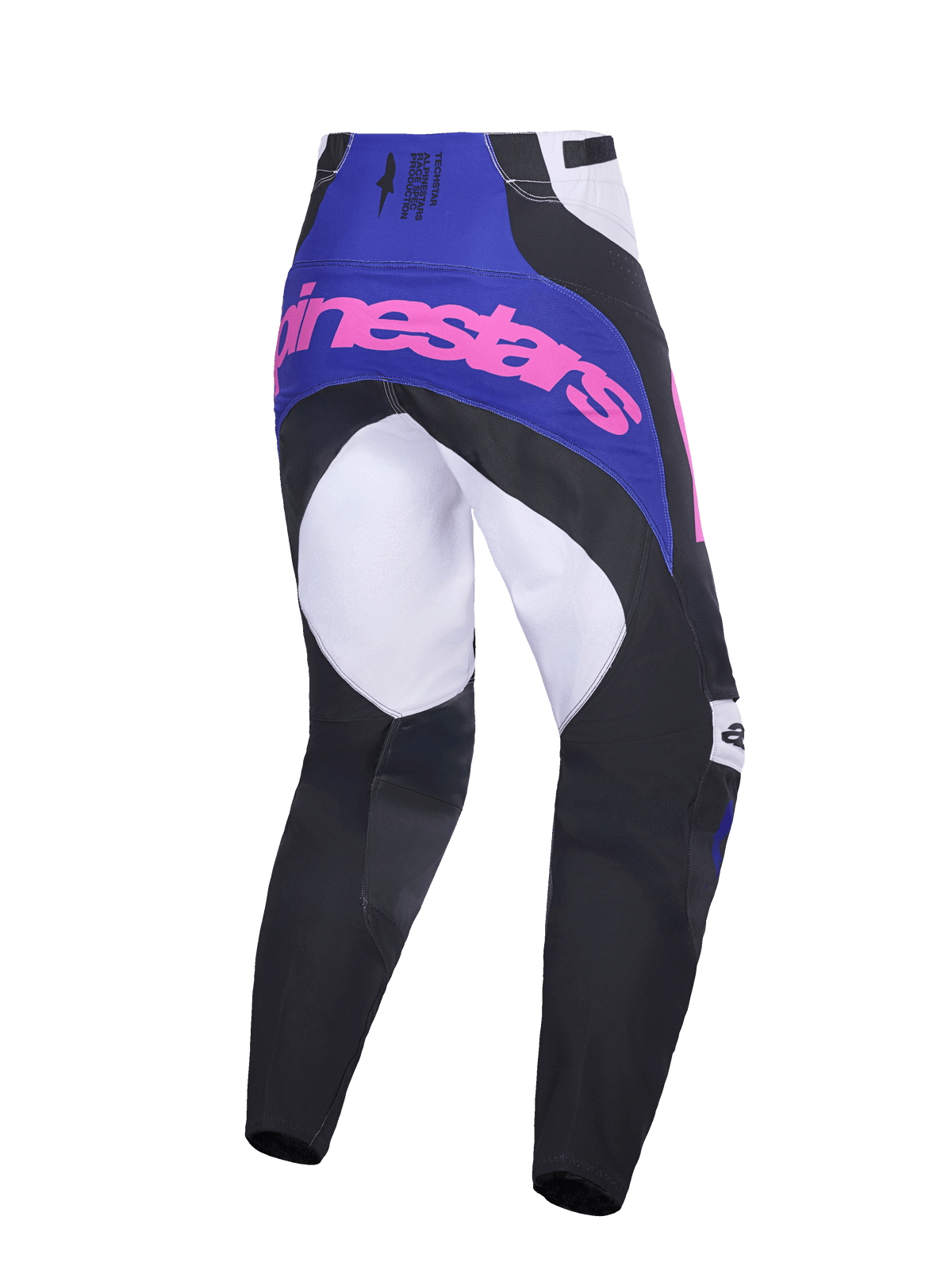 Alpinestars 2026 Techstar Knif Pants, Motocross Pants, Black, Light Gray, and Purple with Pink branding, rear view showing multi-panel construction, purple yoke with pink logo, and reinforced seat area for off-road racing