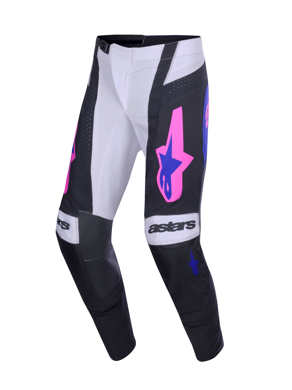 Alpinestars 2026 Techstar Knif Pants, Motocross Pants, Black and Light Gray with Purple and vibrant Pink accents, featuring bold 'astars' branding on the knees, star logos on the thighs, and an ergonomic racing cut for performance off-road riding.