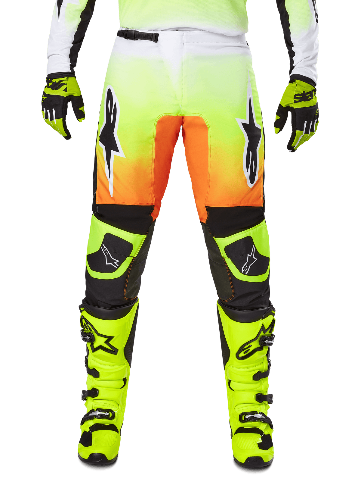 Alpinestars 2025 Fluid Wurx Hose, Motocross-Hose, Neongelb und Orange, schwarze und weiße Stern-Logos, schlankes Racing-Design mit schwarzen Kniebereichen, kombiniert mit passenden neongelben Stiefeln und Handschuhen