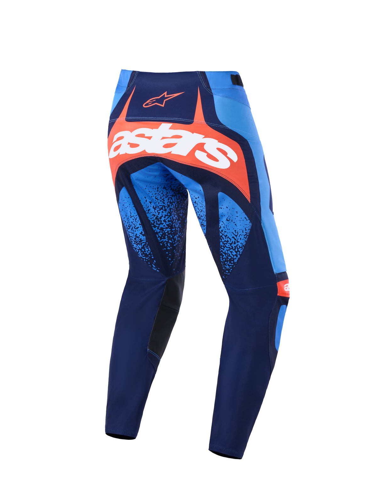 Alpinestars 2026 Techstar Nomur Hose, Motocross-Hose, Dunkelblau, Orange und UCLA-Blau, Rückansicht mit einem markanten weißen Astars-Logo auf einem orangefarbenen Einsatz, Mehrpanel-Design mit hellblauen Akzenten, schwarze Knie-Innenpanele, strapazierfähige Ausrüstung für den Offroad-Rennsport.