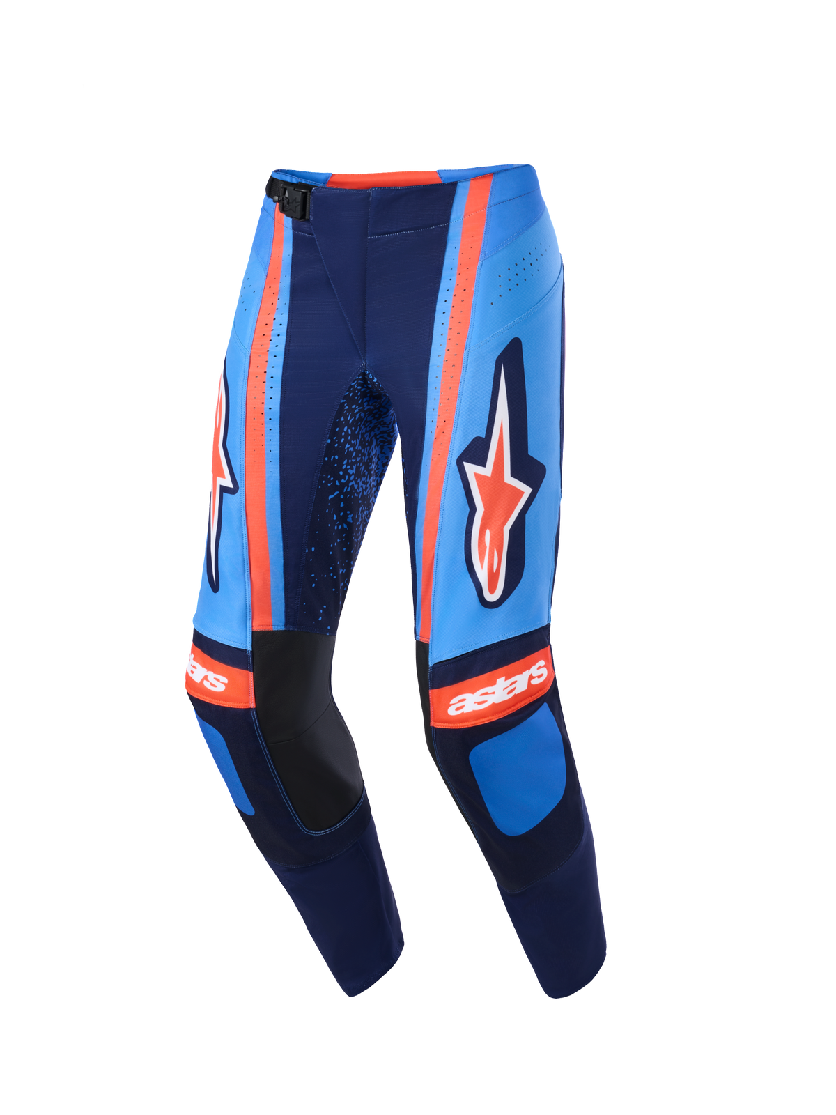 Alpinestars 2026 Techstar Nomur Hose, Motocross-Hose, Dunkelblau, Orange und UCLA-Blau, mit markantem Alpinestars-Branding auf den Oberschenkeln, 'astars'-Logo auf den Knien, magnetischer Taillenschnalle und lasergeschnittenen Perforationen für die Luftzirkulation, Hochleistungs-Offroad-Ausrüstung