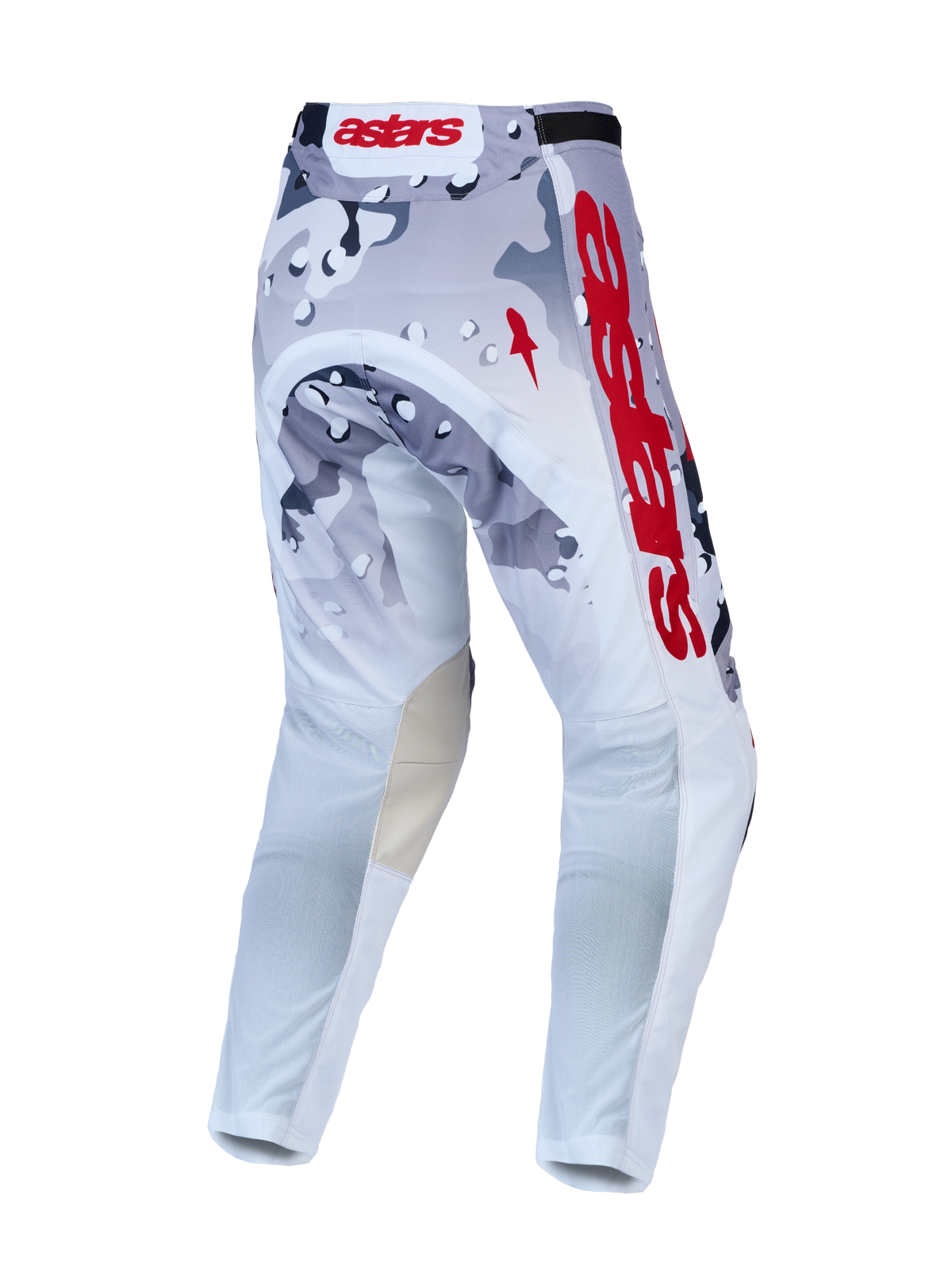 Alpinestars Racer Air Lone Hose, Motocross-Hose für Herren, Rückansicht in Grau-Camo und Weiß mit roten Akzenten, atmungsaktive Konstruktion für den Offroad-Rennsport