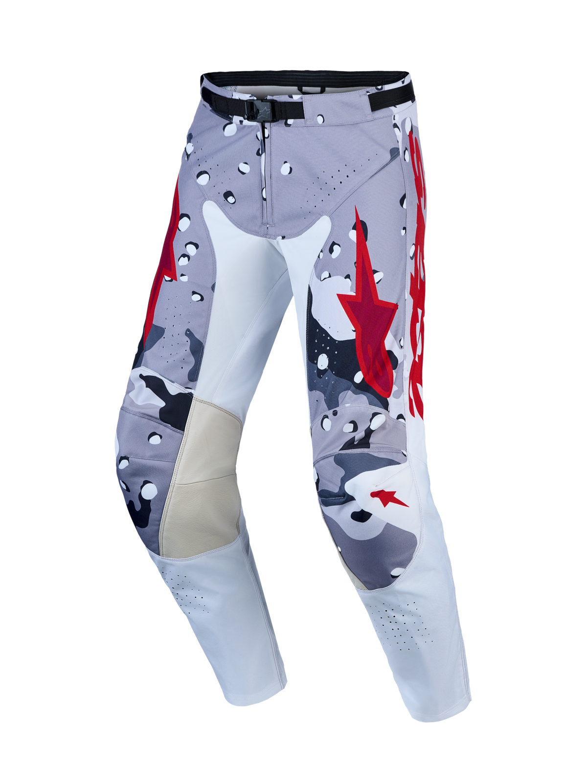 Alpinestars Racer Air Lone Hose, Herren-Motocrosshose, Grau Camo und Rot, perforiertes Gewebe mit Leder-Innenknie-Einsätzen.