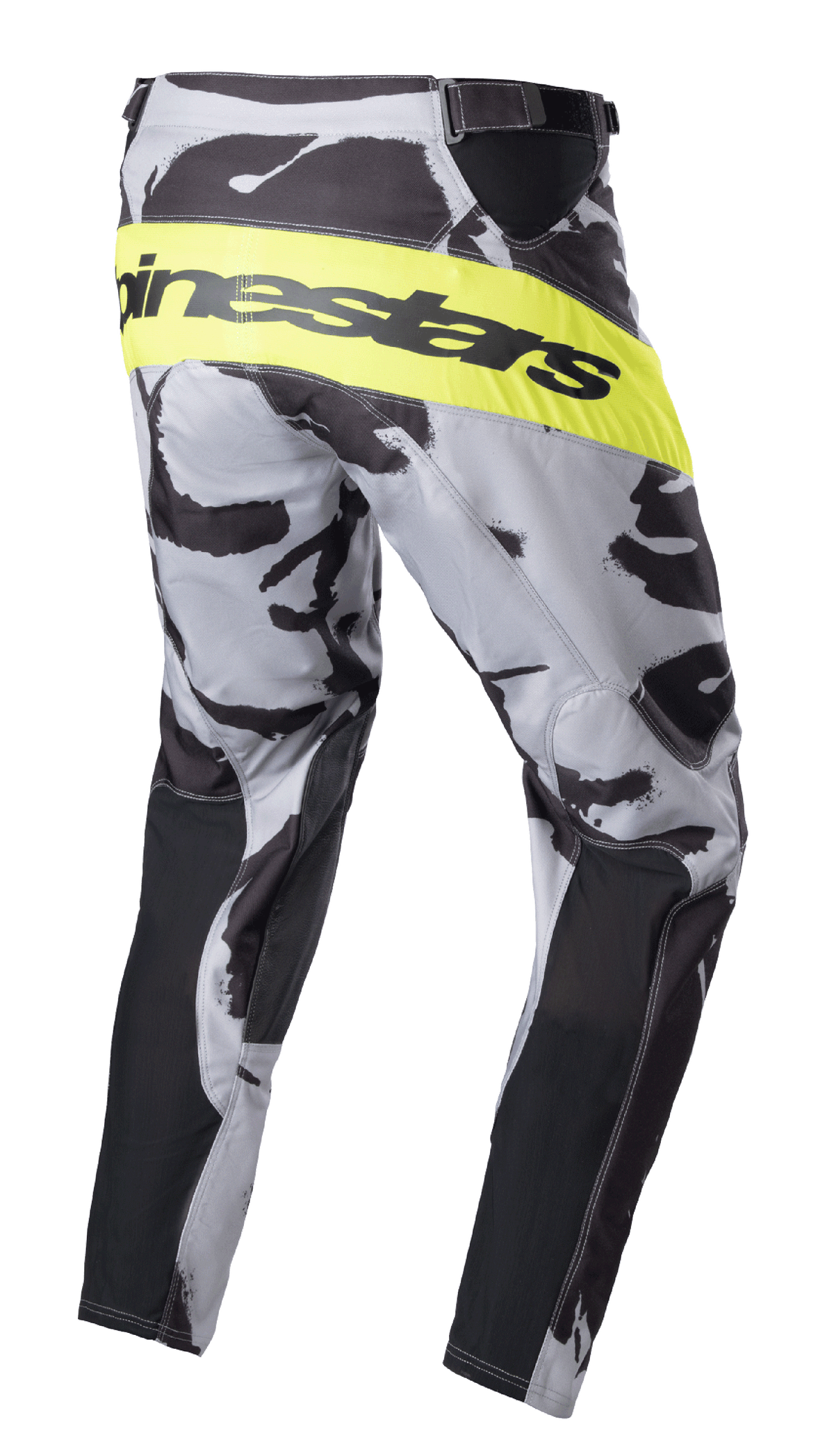 Alpinestars 2023 Racer Tactical Hose, Motocross-Hose, Cast Gray Camo und Gelb Fluo, Rückseitenansicht mit einem leuchtend gelben fluoreszierenden Band mit schwarzem Alpinestars-Branding, Camouflage-Muster mit schwarzen Einsätzen an der Beininnenseite, Performance-Offroad-Ausrüstung