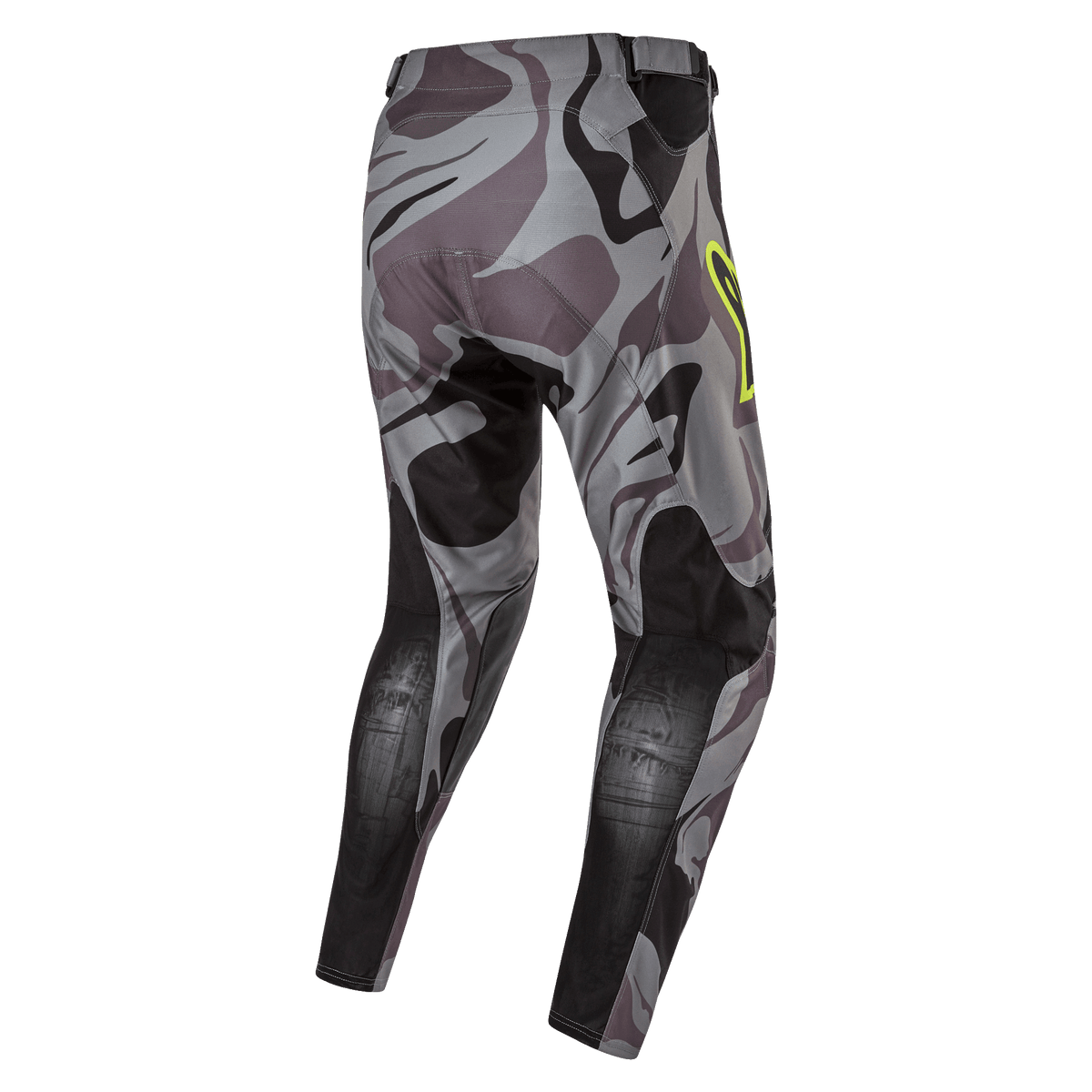 Alpinestars 2024 Racer Tactical Hose, Motocross-Hose, Cast Gray Camo Magnet, Rückansicht mit grauem Camouflage-Muster und schwarzen verstärkten Einsätzen, gelber Logo-Akzent an der Hüfte, technisches Ripstop-Material für den Offroad-Rennsport
