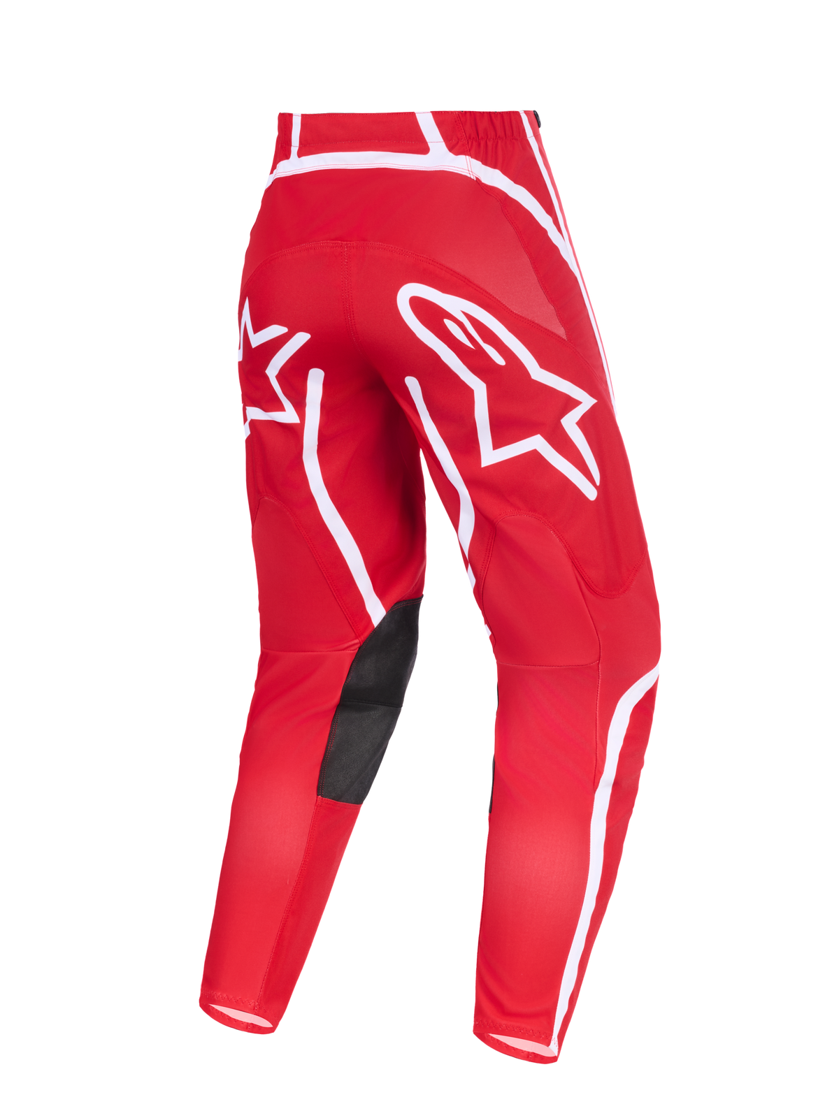 Alpinestars 2026 Fluid Apex Pants, Motocross Pants, Red and White, rear view featuring prominent white star logos on the seat, black synthetic leather inner knee patches, and ergonomic pre-curved design for off-road riding.