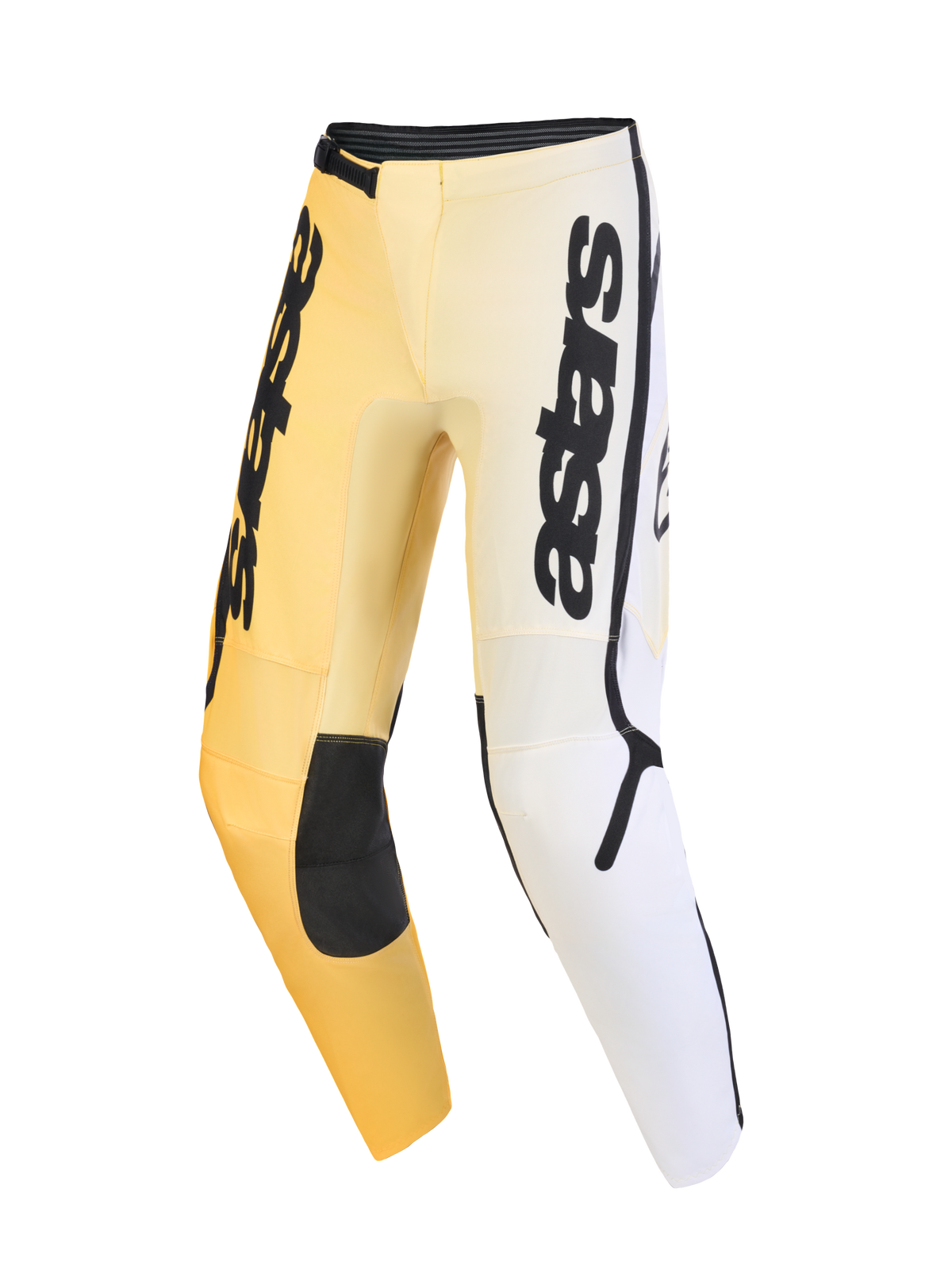 Alpinestars 2026 Fluid Apex Hose, Motocross-Hose, Gelb, Weiß und Schwarz mit Farbverlauf, markantes vertikales Astars-Branding an den Oberschenkeln, schwarze verstärkte Knieeinsätze, ergonomisches, vorgeformtes Design für Offroad-Performance.