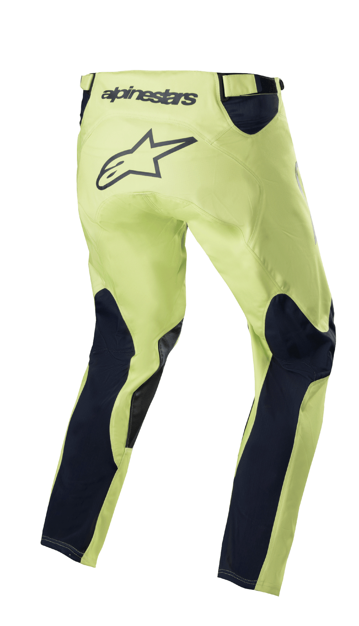 Alpinestars 2023 Racer Hoen Hose, Motocross-Hose, Fluorite Green und Night Navy, Rückansicht mit neongrünem Chassis und dunkelblauen Beineinsätzen, großes schwarzes Stern-Logo im Gesäßbereich, ergonomisches vorgeformtes Design für den Offroad-Rennsport