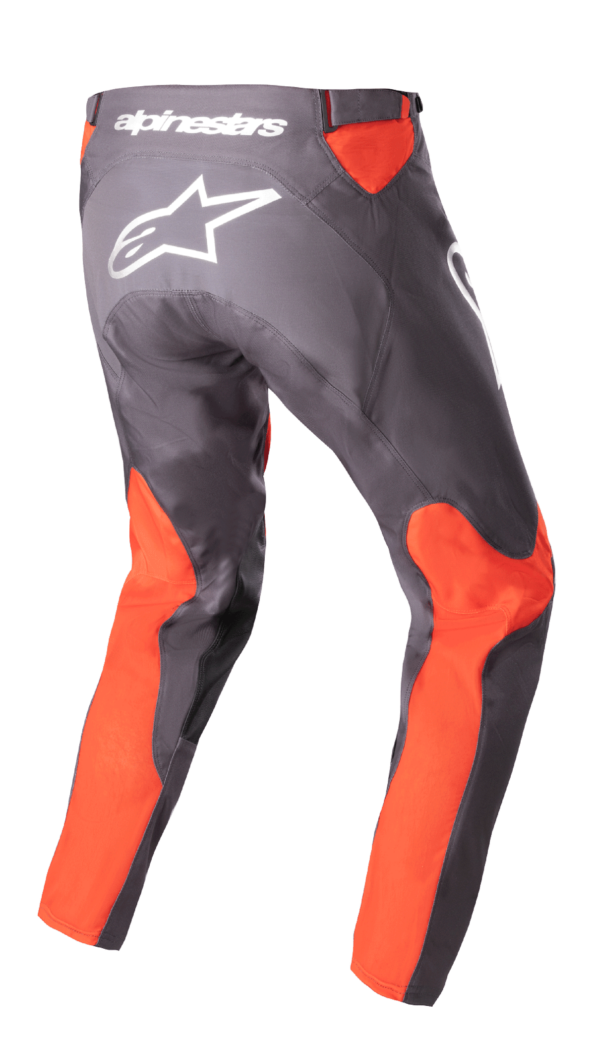 Alpinestars 2023 Racer Hoen Hose, Motocross-Hose, Magnet Hot Orange, Rückansicht mit weißem Alpinestars-Logo und Schriftzug auf der Rückseite, leuchtend orangefarbene Einsätze an Beinen und Taille, strapazierfähige 600D Polygewebe-Konstruktion für den Offroad-Einsatz
