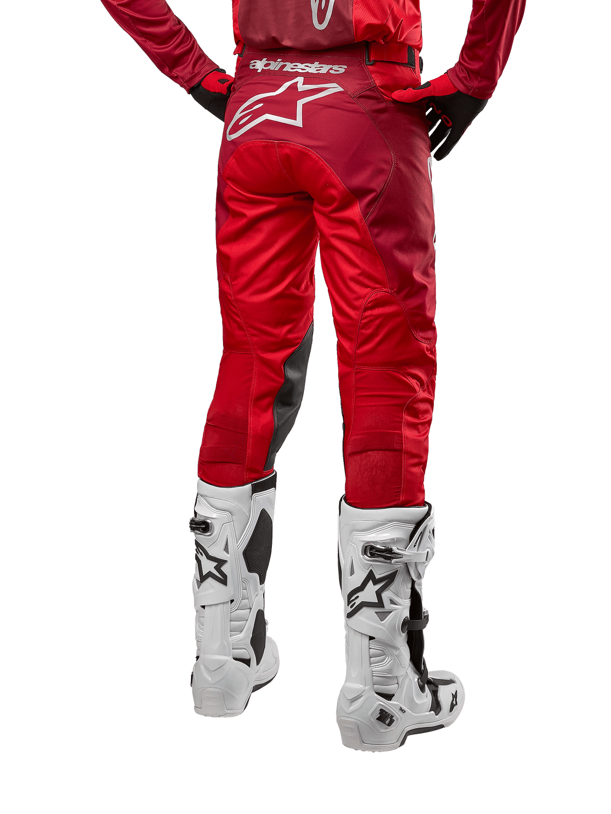 Alpinestars 2024 Racer Hoen Pants, Motocross Pants, Mars Red Burgundy, back view showing a large white Astar logo on the rear, black inner knee panels, worn with white motocross boots, high-performance off-road gear