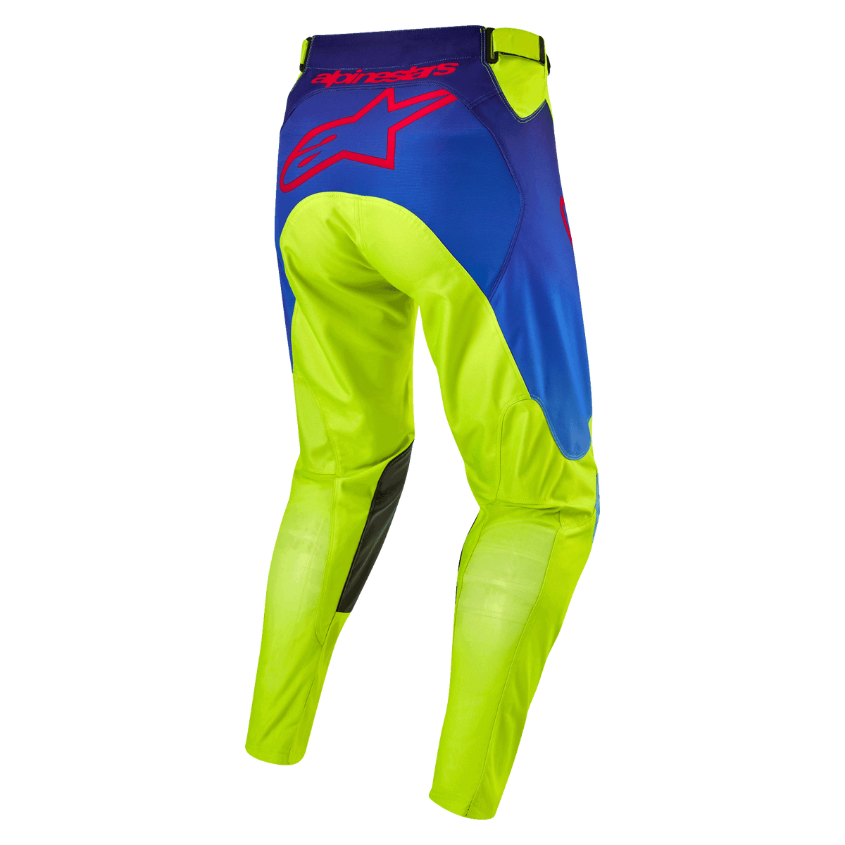 Alpinestars 2024 Racer Hoen Hose, Motocross-Hose, Gelb Fluo und Blau Night Navy, Rückansicht mit großem rotem Alpinestars Stern-Logo, dunkle Leder-Einsätze an den Knieinnenseiten, strapazierfähiges technisches Gewebe für Offroad-Rennsport