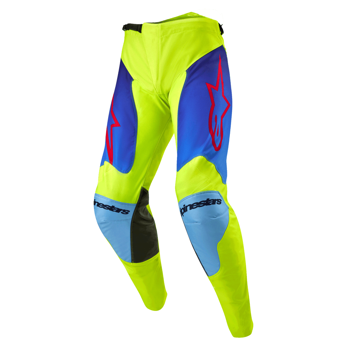Alpinestars 2024 Racer Hoen Hose, Motocross-Hose, Gelb Fluo und Blau Night Navy, mit roten Stern-Logos auf den Oberschenkeln, hellblauen Knie-Einsätzen mit schwarzen Leder-Innenverstärkungen, sportliche vorgeformte Konstruktion für Offroad-Rennsport