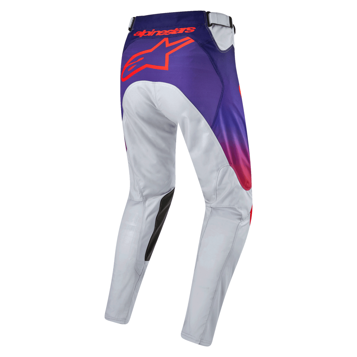 Alpinestars 2024 Racer Hoen Hose, Motocross-Hose in Hellgrau, Violett und Hot Orange, Rückansicht mit markantem Alpinestars-Logo, strapazierfähige Offroad-Bekleidung mit ergonomischer Passform