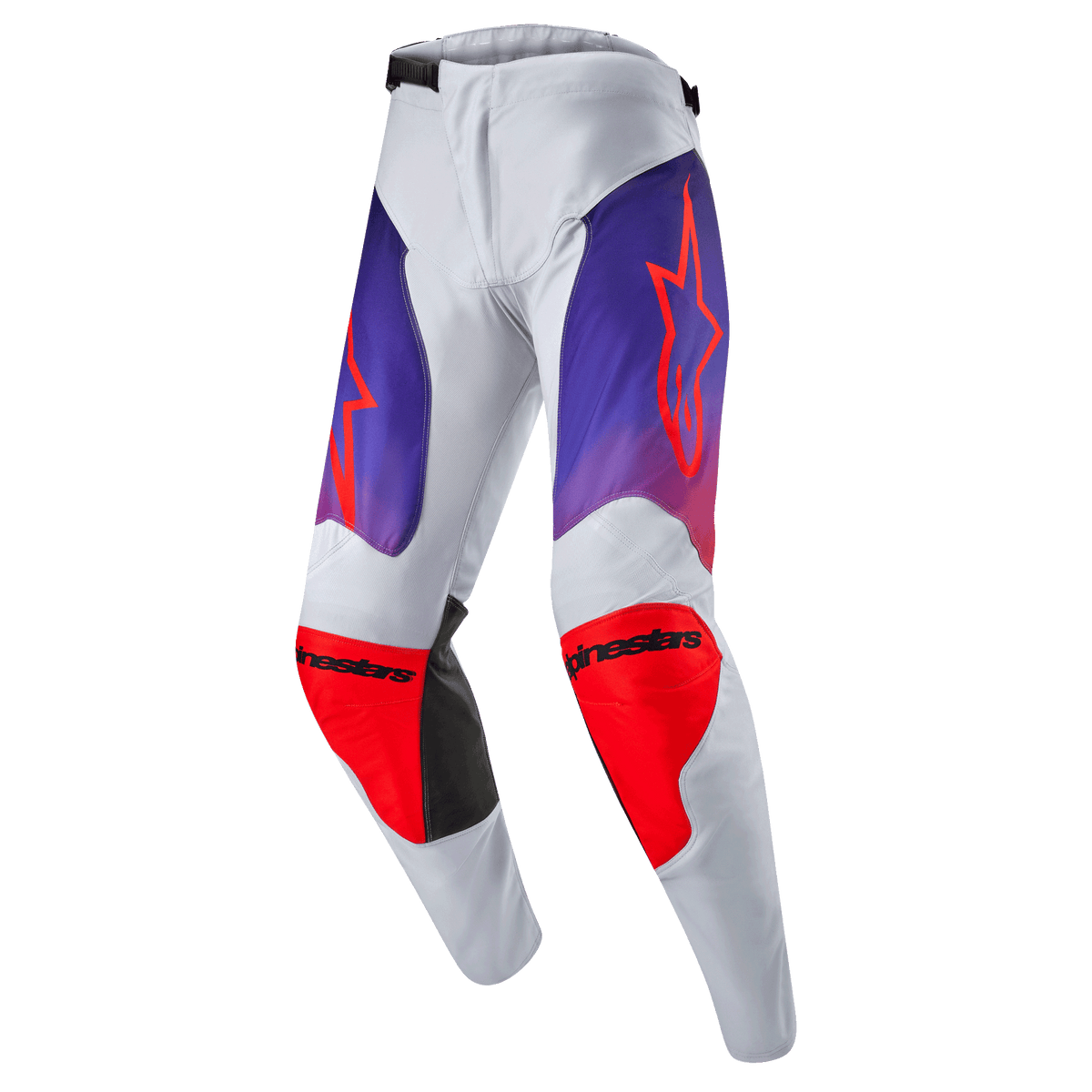 Alpinestars 2024 Racer Hoen Hose, Motocross-Hose, Hellgrau mit Akzenten in Hot Orange, Violett und Schwarz, ergonomisches Design, strapazierfähige Materialien für Offroad-Fahrten