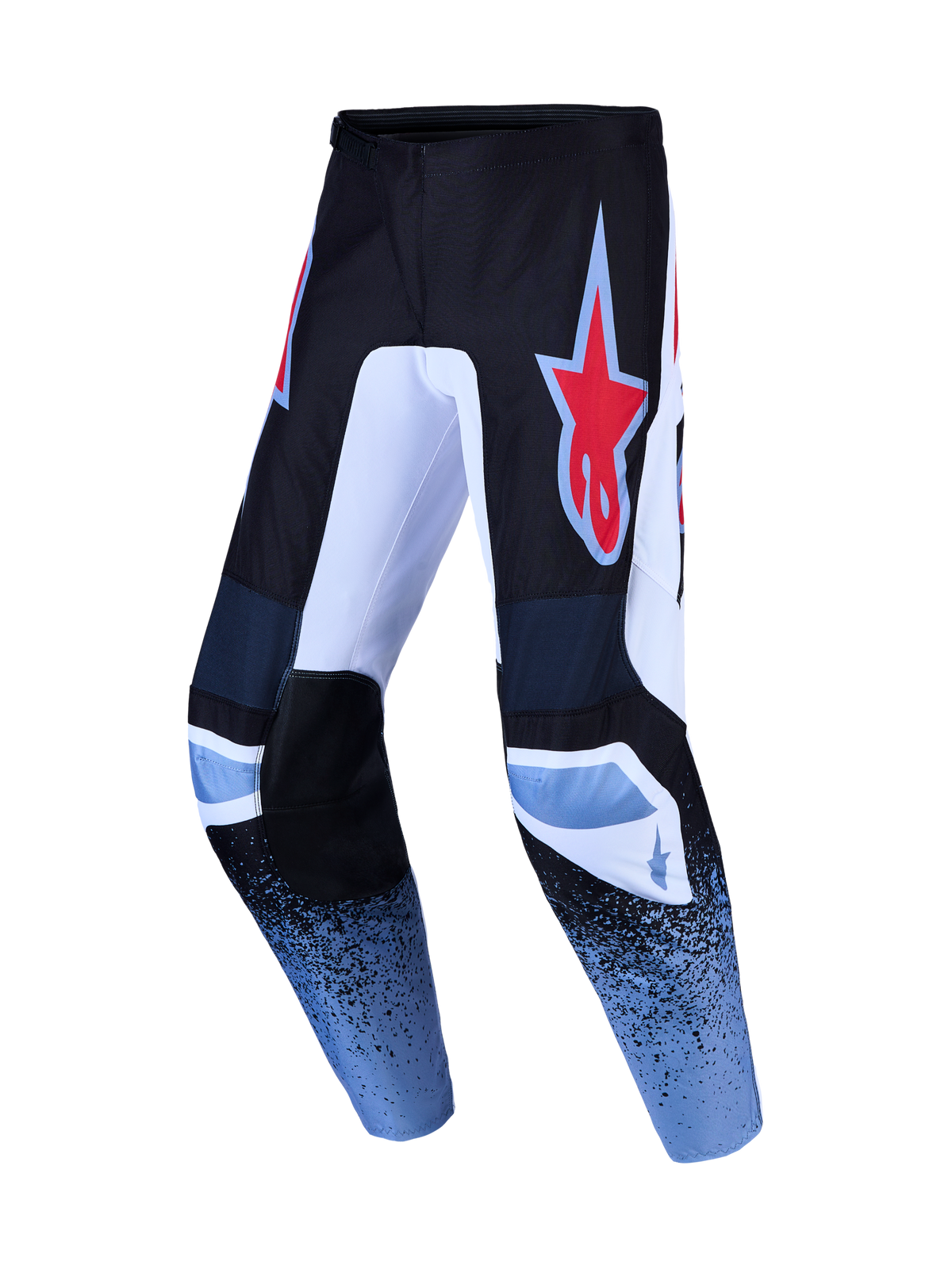 Alpinestars Fluid Drag Motocross-Hose in Schwarz und Blau mit rotem Stern-Logo und strapazierfähigem 600D Poly-Gewebe.