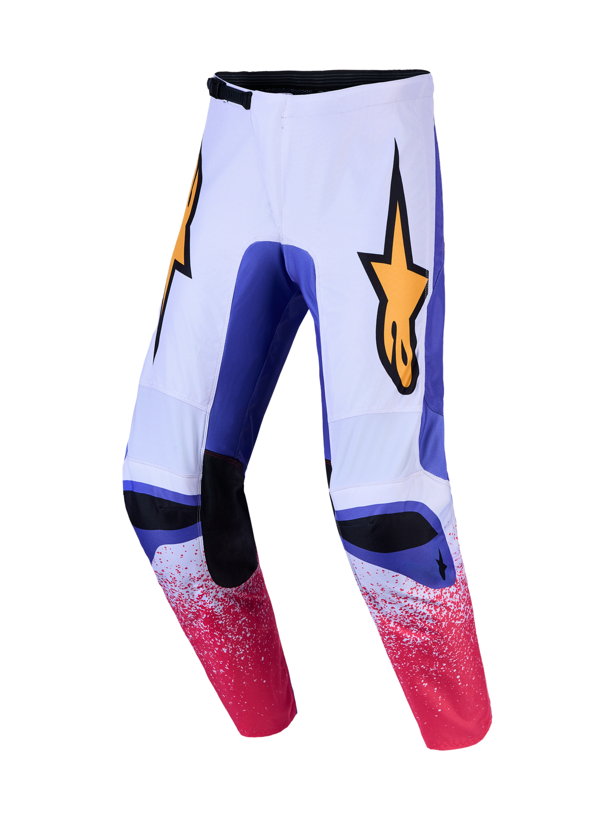 Alpinestars Fluid Drag Hose, Herren-Motocross-Hose in Helllila und Blau mit goldenen Logos und vorgeformter Konstruktion.