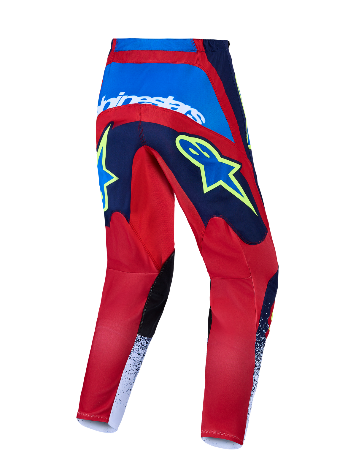 Alpinestars 2027 Fluid Drag Motocross-Hose, Offroad-Motorsport, Rot und Blau, gelbe Grafiken und verstärkte Sitzkonstruktion.
