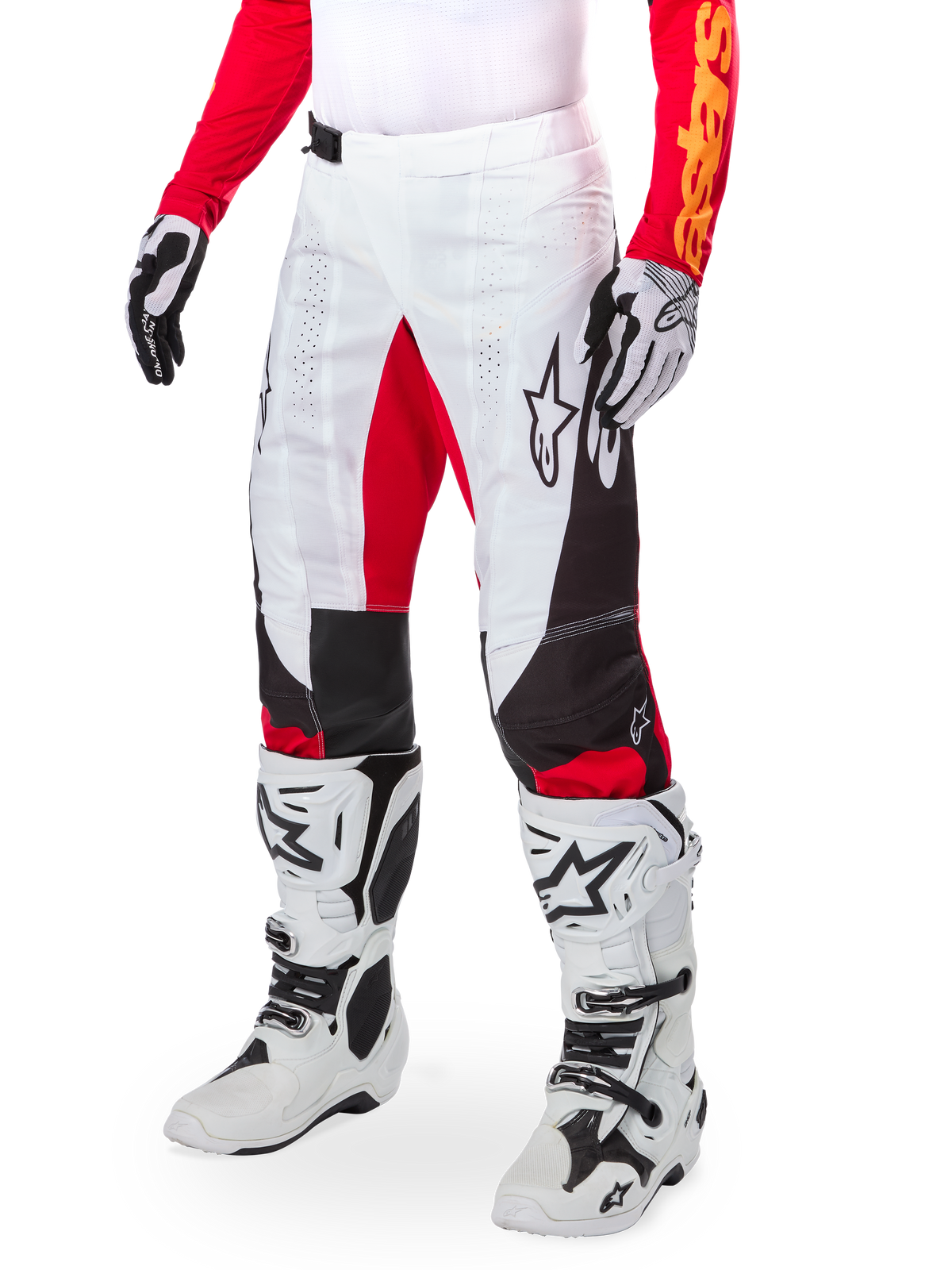 Alpinestars Limited Edition Techstar Deep Pants, Motocross Pants, White Black and High Red, worn with white and black boots and gloves, featuring white front panels with red accents and black side detailing, designed for high-performance off-road racing