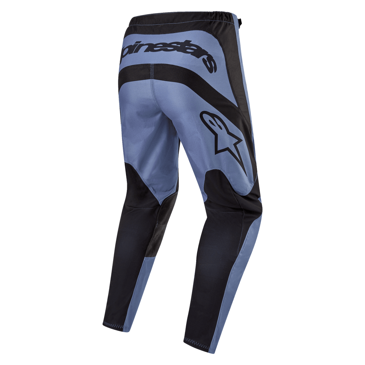 Alpinestars 2024 Fluid Lurv Hose, Motocross-Hose, Hellblau und Schwarz, Rückansicht mit markantem Alpinestars-Branding auf der Rückseite und an der Seite, schwarze verstärkte Einsätze an Gesäß und Beininnenseiten, ergonomisches vorgeformtes Design für Offroad-Performance