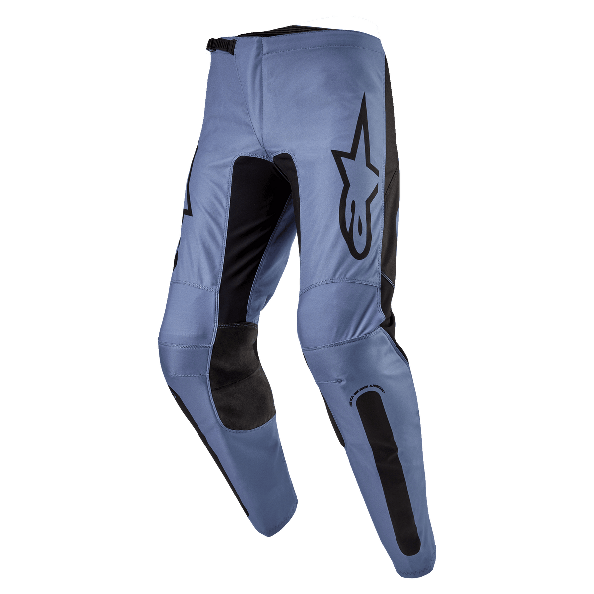 Alpinestars 2024 Fluid Lurv Hose, Motocross-Hose, Hellblau und Schwarz, mit großem schwarzem Alpinestars-Logo auf dem Oberschenkel, schwarzen verstärkten Innenknie-Paneelen und ergonomisch vorgeformtem Beindesign für den Offroad-Einsatz