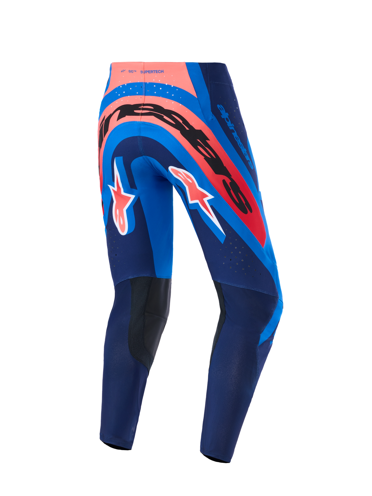 Alpinestars 2026 Supertech Vista Hose, Motocross-Hose, Dunkelblau, Hot Coral und Kobaltblau, Rückansicht mit markantem Branding am Gesäß und A-Star-Logos auf den Beinen, mit dunklen, verstärkten Knieinnenseiten und lasergeschnittenen Perforationen für optimale Belüftung