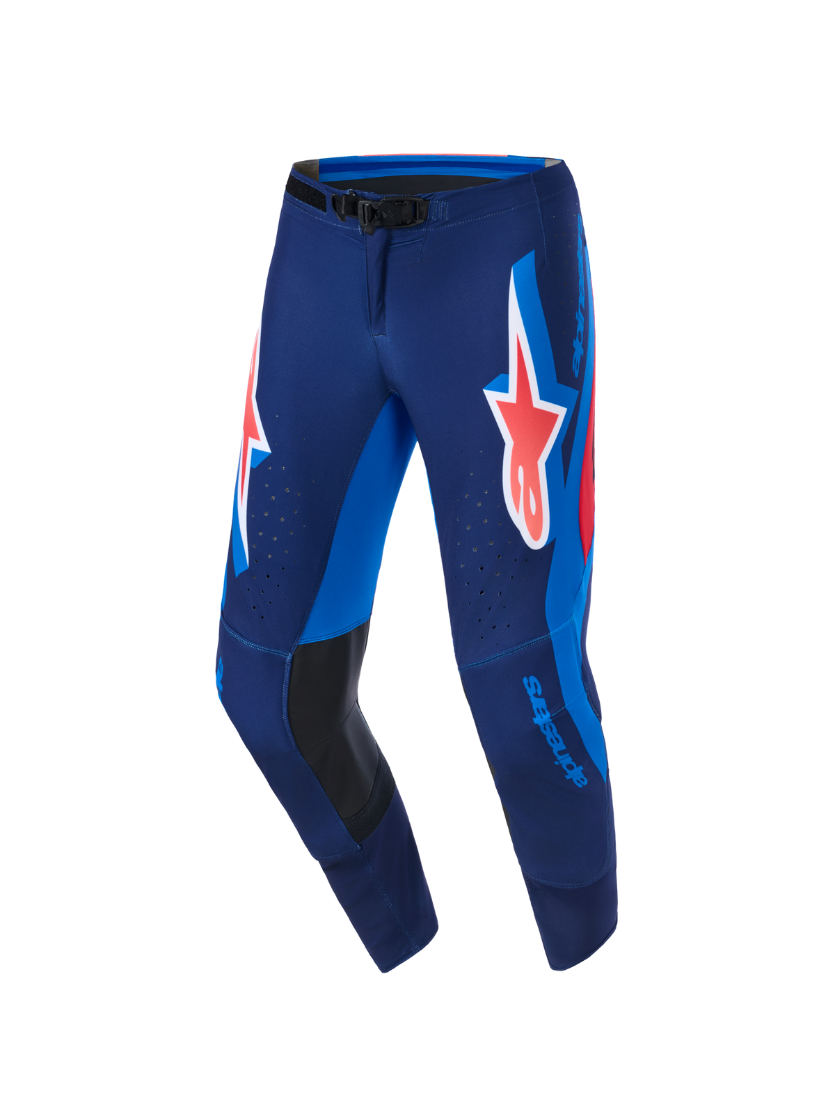 Alpinestars 2026 Supertech Vista Hose, Motocross-Hose, Dark Navy Hot Coral Cobalt, mit einem großen korallenroten Astars-Logo auf den Oberschenkeln, hellblauen Seiteneinsätzen, schwarzen Leder-Innenknieverstärkungen und lasergeschnittenen Perforationen zur Belüftung, entwickelt für professionellen Rennsport.