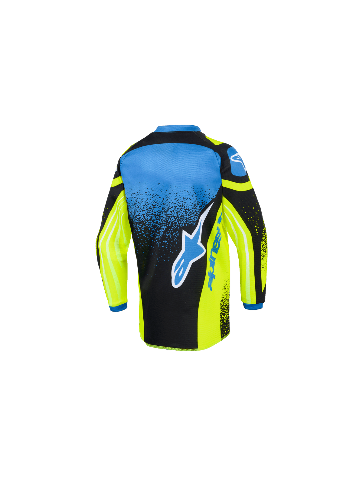 Alpinestars 2026 Kids Racer Nomur Trikot, Motocross-Trikot, Gelb, Blau und Schwarz, Rückansicht mit großem blau-weißem Stern-Logo, gesprenkeltem Farbverlaufsmuster und verlängerter Rückenpartie für den Offroad-Rennsport
