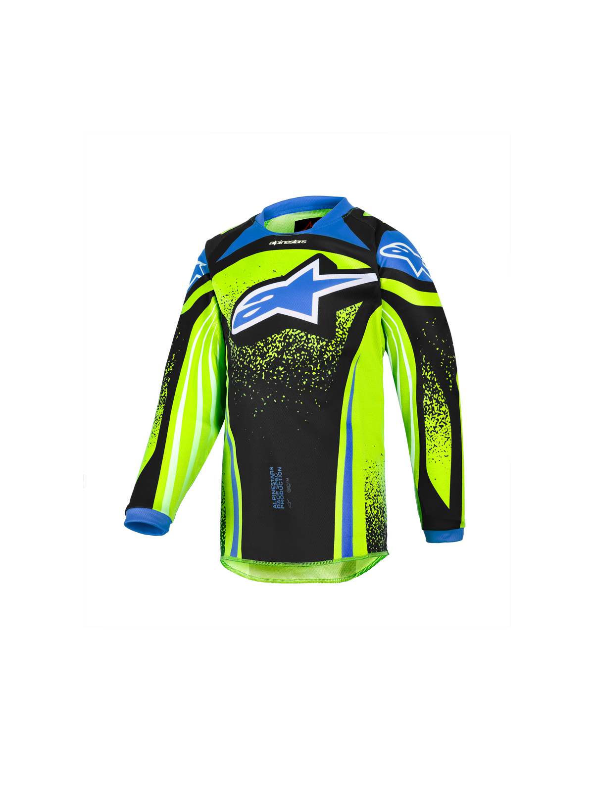 Alpinestars 2026 Kids Racer Nomur Jersey, Jugend-Motocross-Langarmtrikot, Neongelb und Schwarz mit blauen Akzenten, großes blaues Stern-Logo auf der Brust, leichtes feuchtigkeitsableitendes Funktionsmaterial für den Offroad-Einsatz