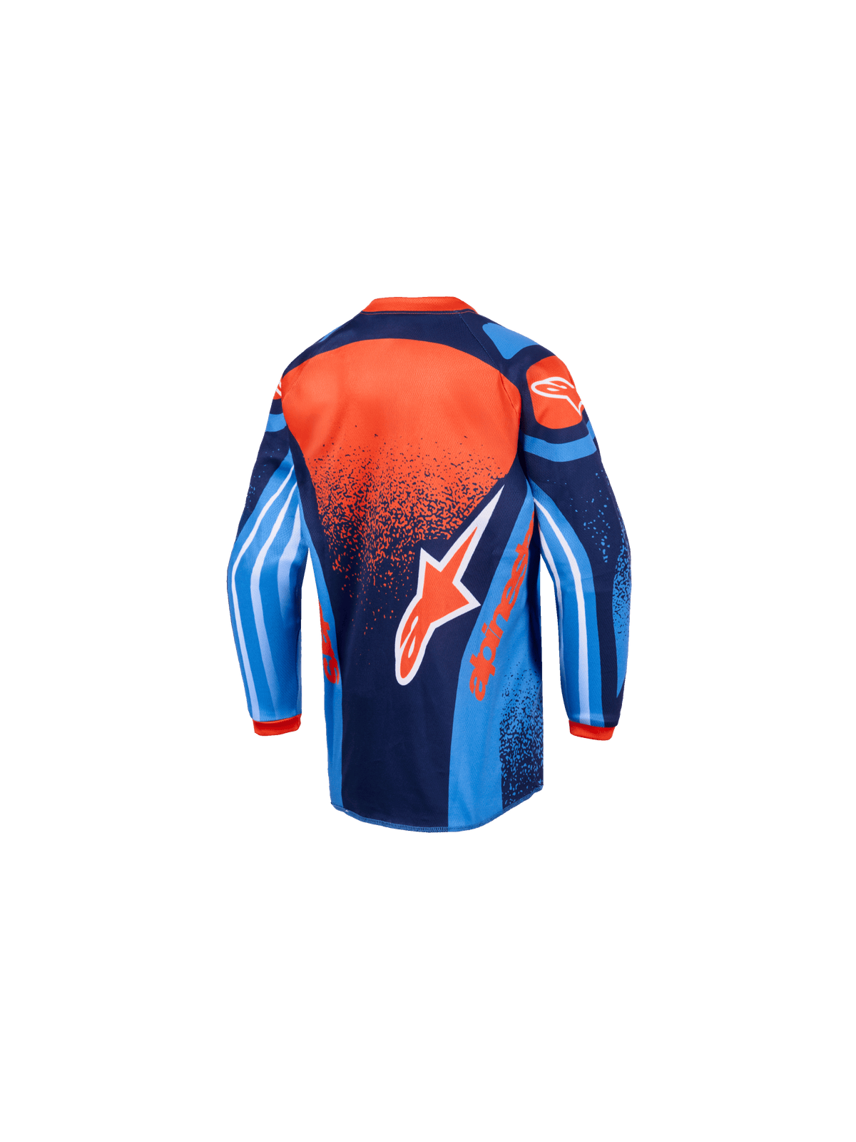 Alpinestars 2026 Kinder Racer Nomur Trikot, Motocross-Trikot, Dunkelblau, Orange und UCLA-Blau, Rückansicht, mit großem Alpinestars-Branding, verlängerter Rückenpartie und lebhaften grafischen Ärmeln für jugendliche Offroad-Performance.