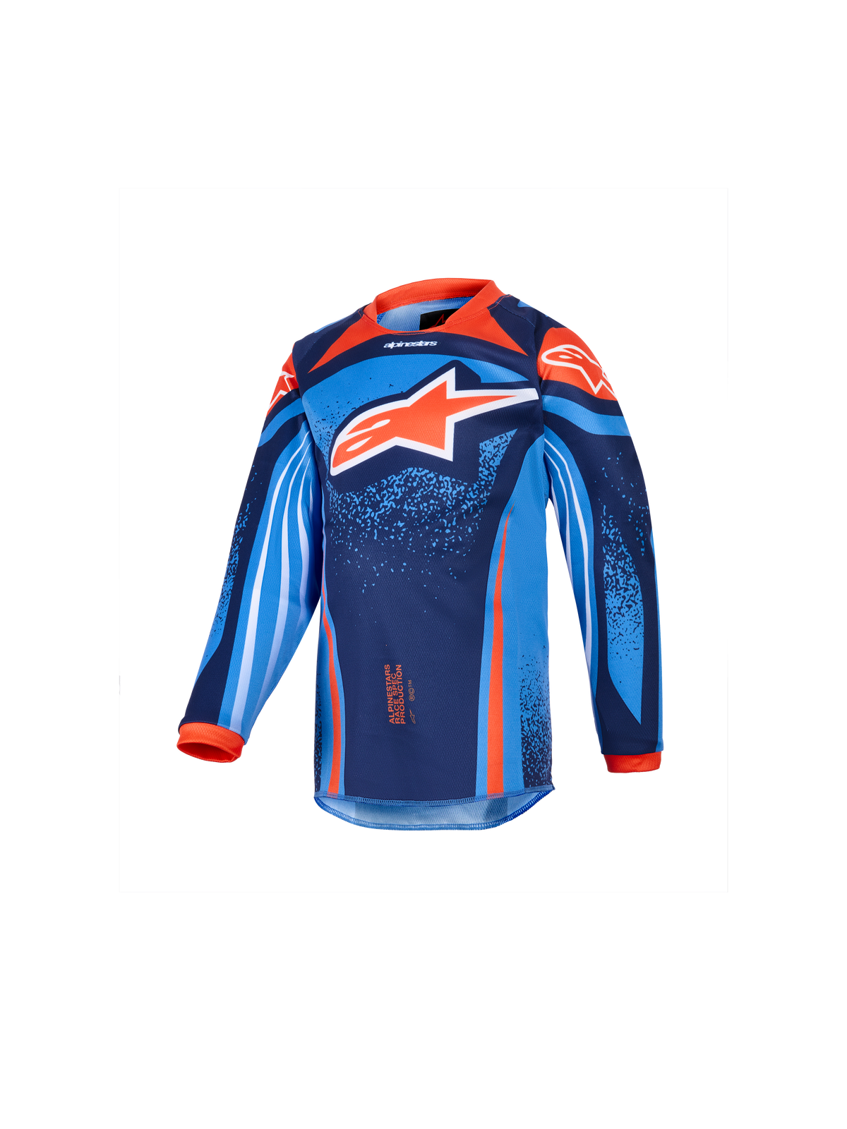 Alpinestars 2026 Kids Racer Nomur Jersey, Kinder-Motocross-Langarmtrikot, Dunkelblau, Orange und UCLA-Blau, mit großem weiß-orangem Stern-Logo, lebendigen geometrischen und gesprenkelten Grafiken, orangefarbenem Kragen und Manschetten, Funktionsmaterial für Kinder-Motocross-Rennen