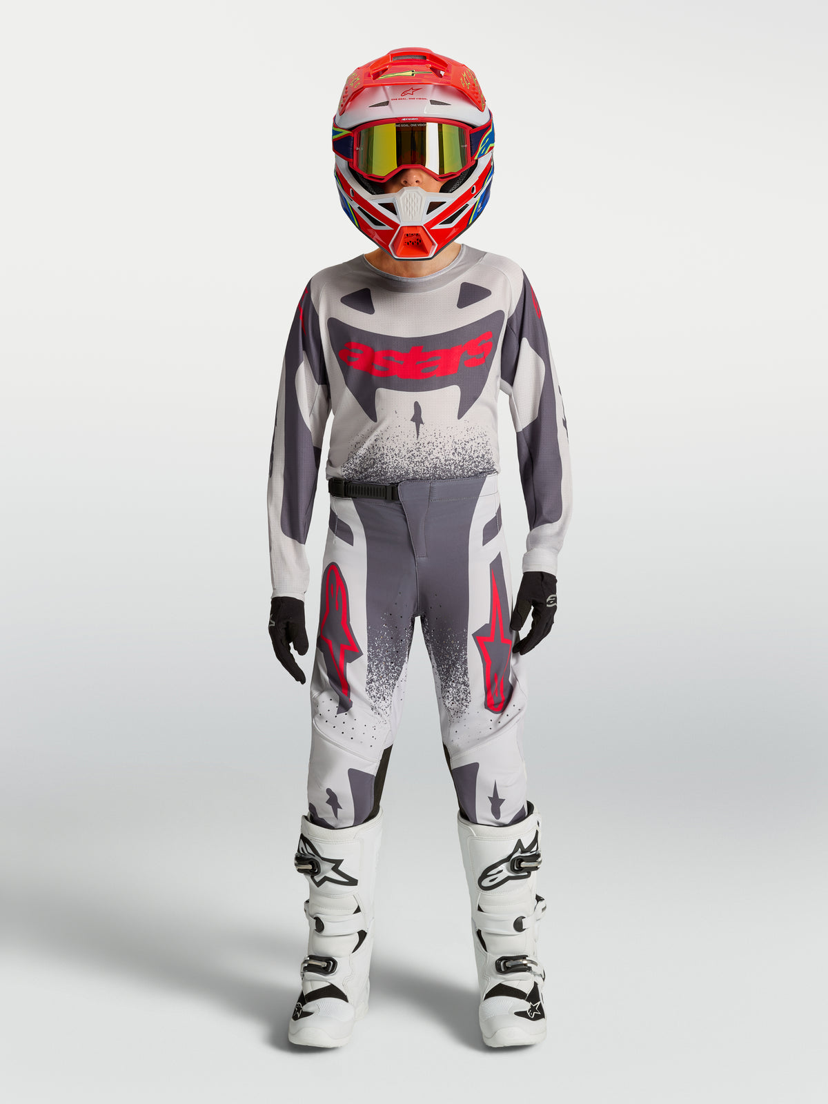 Alpinestars Jugend Supertech Swan Hose, Motocross-Rennhose in Grau und Rot, athletische Passform, Jugend-Ausrüstungsset.