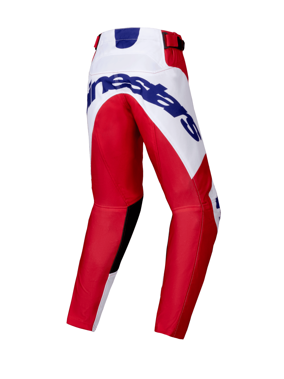 Alpinestars 2025 Youth Racer Veil Hose, Motocross-Hose, Hellrot und Weiß, Rückansicht mit großem blauen Alpinestars-Logo auf dem Gesäß, vorgeformtem Beindesign, schwarzen Innenknie-Einsätzen und Ratschenverschluss an der Taille.