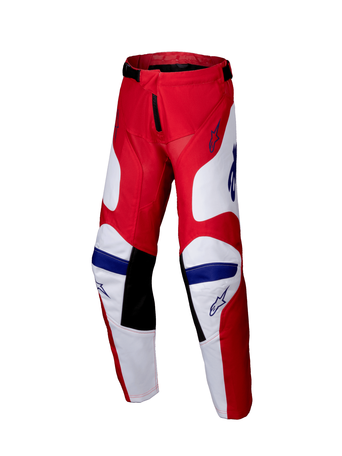 Alpinestars 2025 Youth Racer Veil Hose, Motocross-Hose, leuchtendes Rot und Weiß mit blauen Akzenten, schwarze Knie-Innenbahnen, ergonomisches vorgeformtes Design und strapazierfähiges Poly-Gewebe für den Offroad-Rennsport.