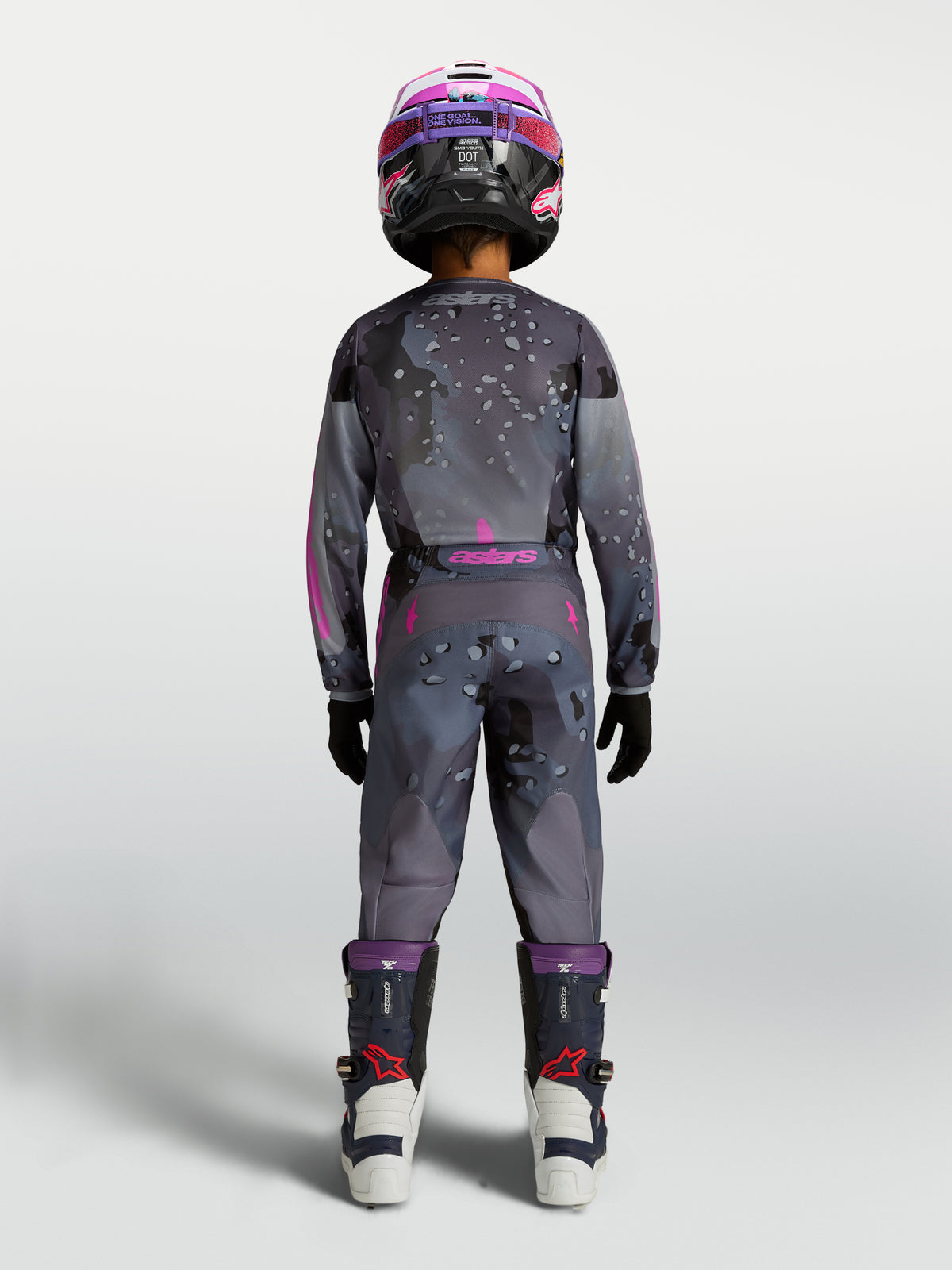 Alpinestars Jugendliche Fluid Lone Gear Set, Motocross-Outfit für Kinder, Grau und Pink mit Camo-Tarnmuster, Rückansicht