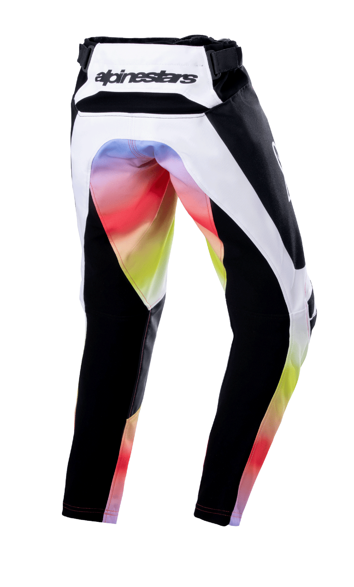Alpinestars Jugend 2023 Racer Semi Hose, Motocross-Hose, Schwarz Mehrfarbig, Rückansicht mit weißen und schwarzen Panels sowie einem lebhaften Farbverlauf an Gesäß und Beininnenseiten, Alpinestars-Logo am hinteren Bund, strapazierfähiges Offroad-Renndesign.
