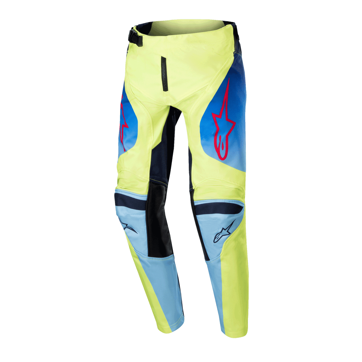 Alpinestars 2024 Youth Racer Hoen Hose, Jugend-Motocross-Hose, Gelb Fluo und Blau Night Navy, mit roten Alpinestars Stern-Logos, dunkelblauen Panels und schwarzen verstärkten Knien, sportliches Design für Offroad-Rennen