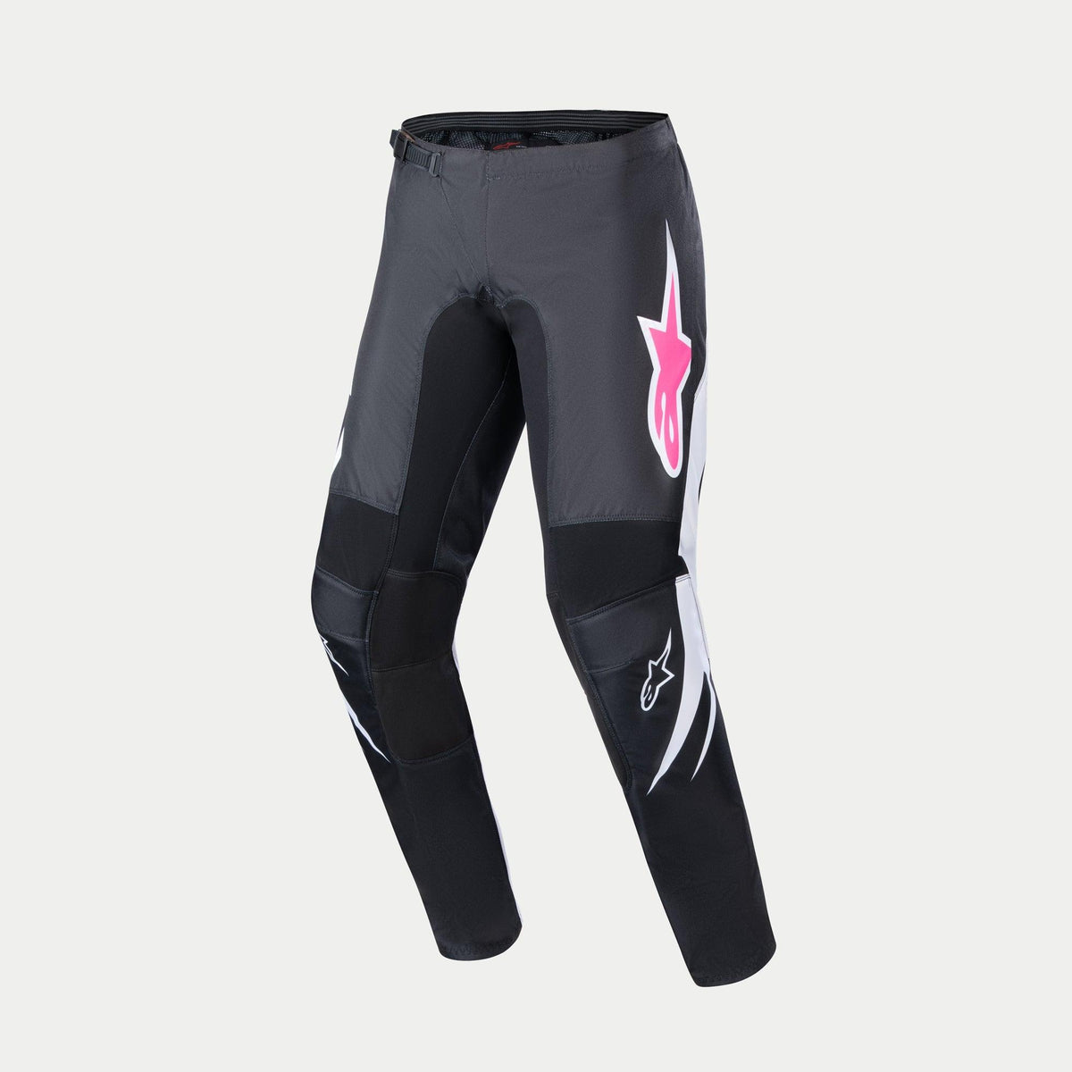 Alpinestars Women Stella 2024 Fluid Pants, Motocross Pants, Black and Dark Grey with White accents, featuring a bold pink Alpinestars logo on the hip, sporty design with pre-curved legs for off-road racing