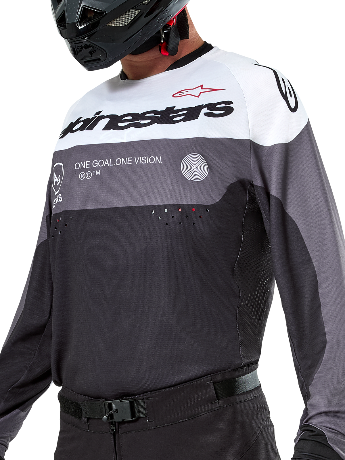 Alpinestars Pro-Dura Trikot, Motocross- und Enduro-Trikot, Schwarz Magnet Weiß, technische Offroad-Bekleidung mit lasergeschnittenen Perforationen und atmungsaktiver Poly-Gewebe-Konstruktion.