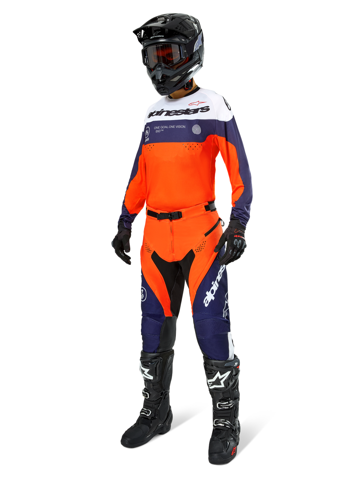Motocross rider wearing the Alpinestars Pro-Dura Jersey in Navy, Hot Orange, and White, coordinating off-road pants, black helmet with goggles, and black boots, complete professional gear set for enduro and trail riding.