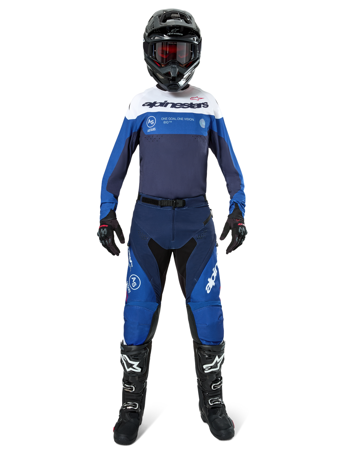 Motocross rider wearing complete racing gear, Pro-Dura Jersey in Navy, Bright Blue and White, matching blue and navy pants, black helmet with red goggles, black and white boots, coordinated outfit for enduro and off-road riding