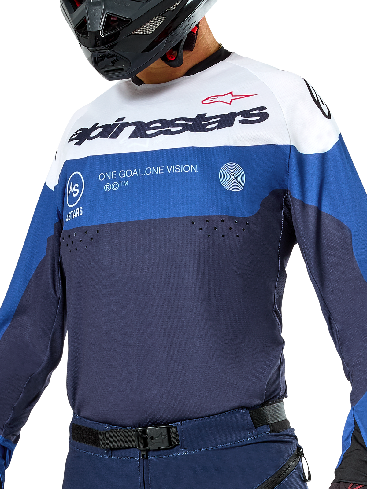 Alpinestars Pro-Dura Jersey, Enduro and Motocross Jersey, Navy, Bright Blue, and White, athletic fit with bold branding, durable textile construction for off-road performance