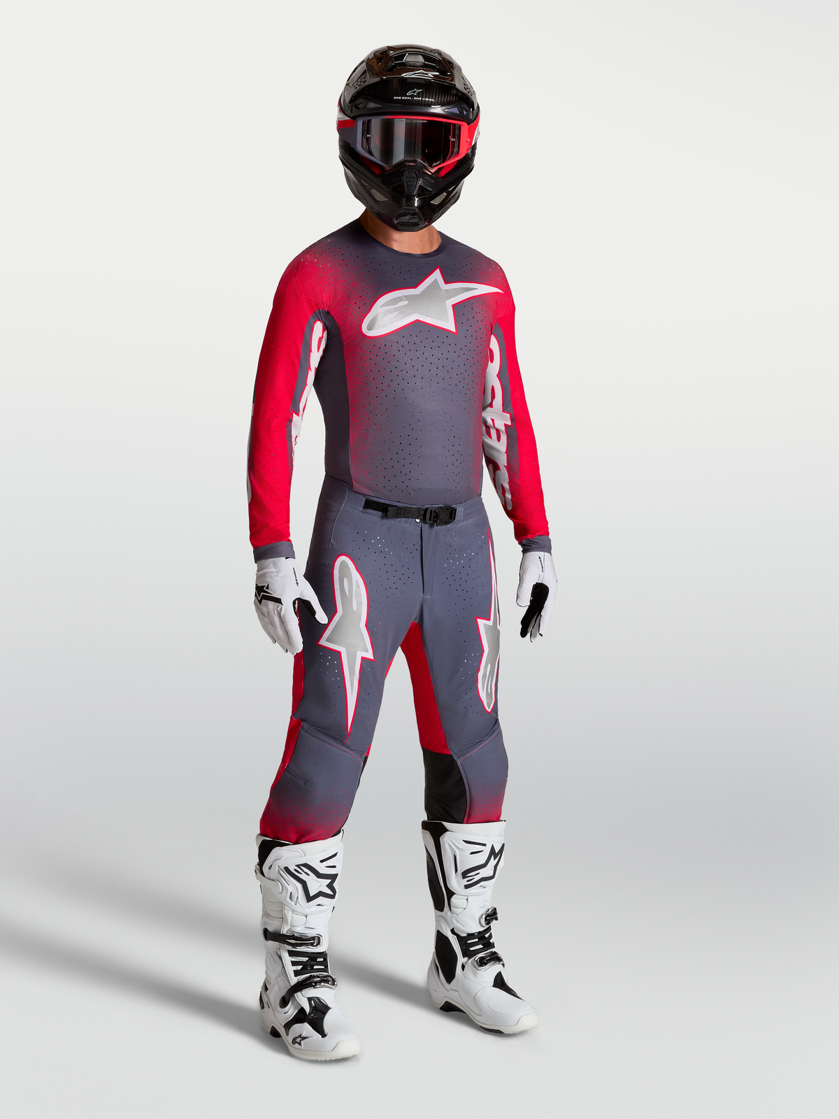 Alpinestars Supertech Hiten AFD Trikot für Herren, Grau und Fluoreszierendes Rot, Stretch-Mesh, athletische Passform.