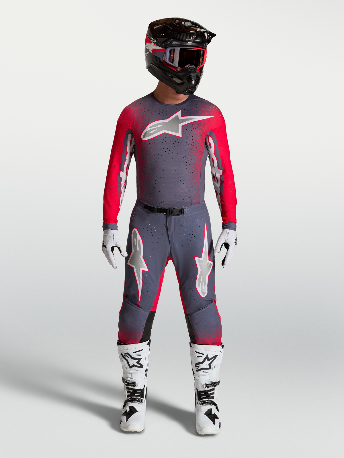 Alpinestars Supertech Hiten AFD Trikot, Motocross-Renntrikot für Herren, Grau und Fluoreszierendes Rot, athletische Passform mit belüftetem Mesh.